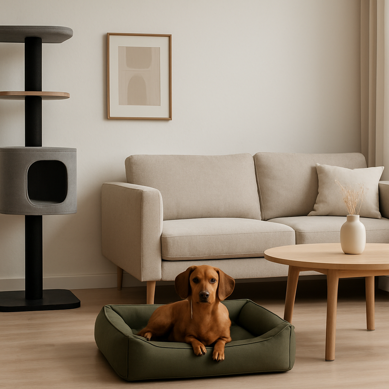 Modern Scandinavisch interieur met stijlvolle huisdieraccessoires, zoals een groene hondenmand en een katvriendelijk meubel