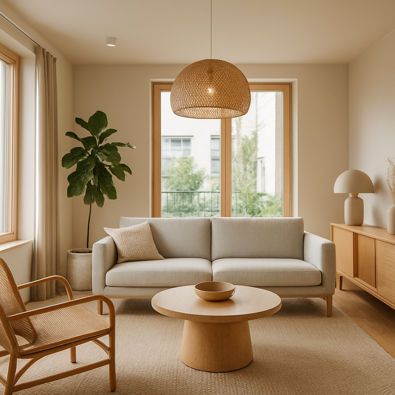 Moderne duurzame woonkamer met circulair meubilair en veel natuurlijk licht