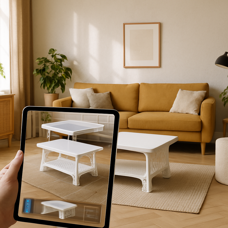 Moderne woonkamer met 3D-geprinte meubels en tablet met augmented reality interieurweergave