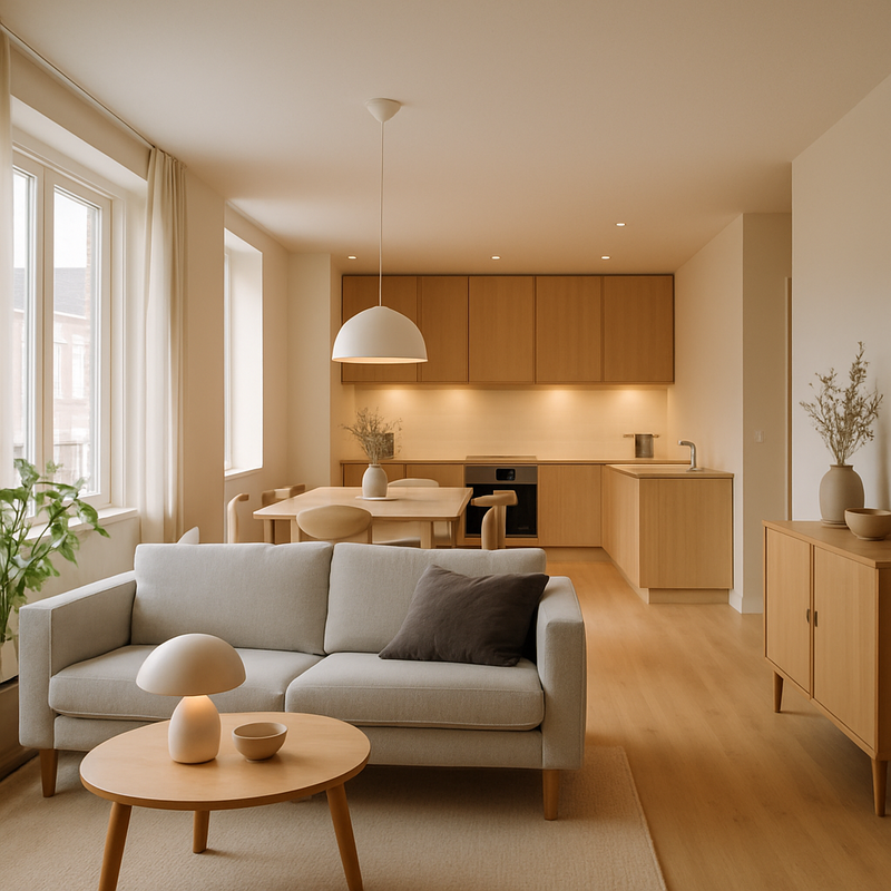 Modern open-concept woonkamer met Scandinavische inrichting en veel daglicht