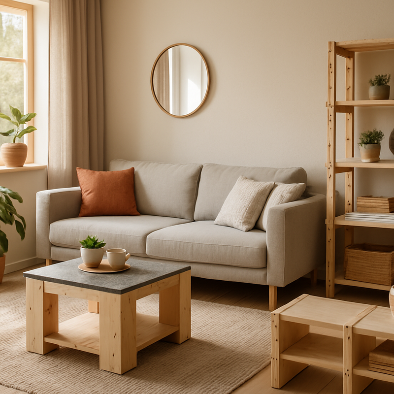 Moderne woonkamer met circulaire houten meubels en natuurlijke verlichting