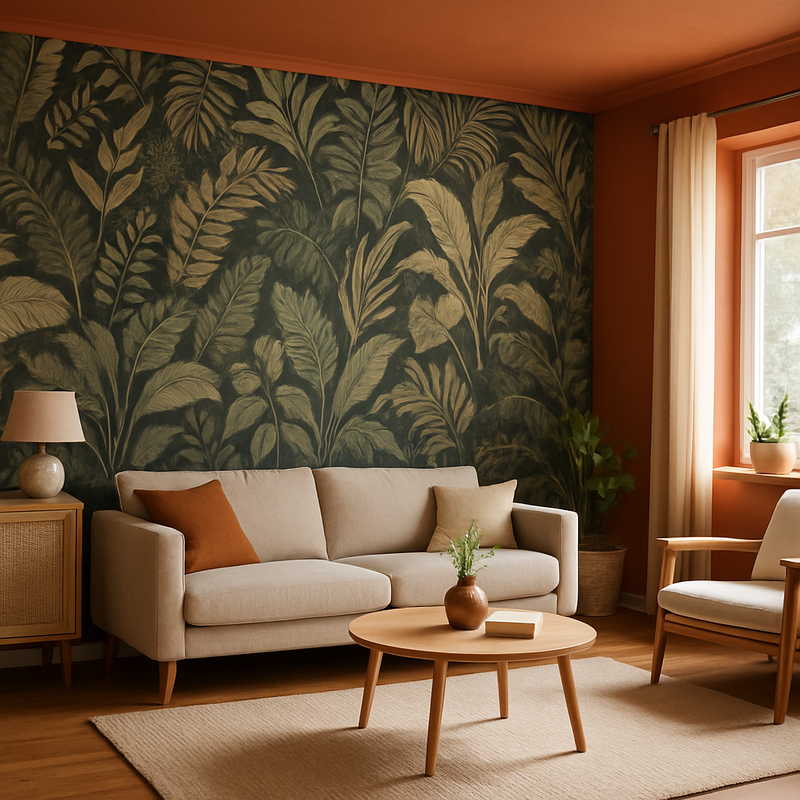Woonkamer met botanisch behang en muren en plafond in dezelfde warme kleur, Scandinavisch interieur