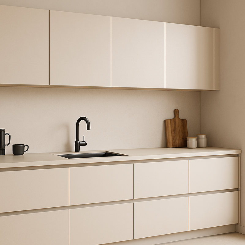 Lichte keuken met zandkleurige fronten, een rimless spoelbak, zwarte stalen details en houtaccenten