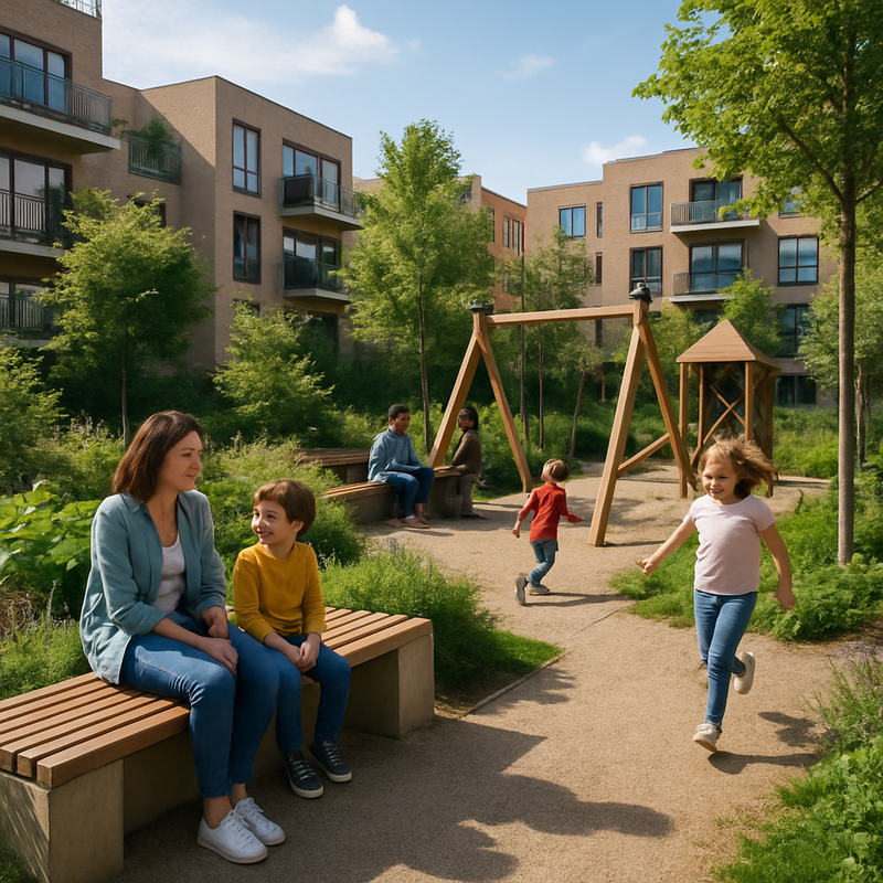 Gedeelde tuin met gezinnen, speeltoestellen en groen landschap in een woonwijk