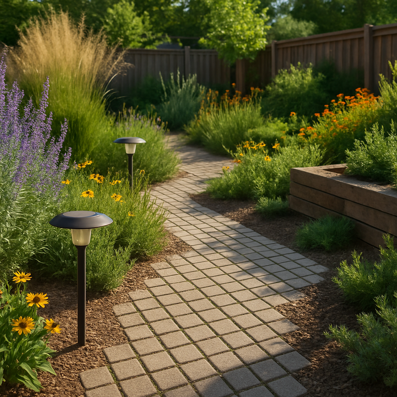 Moderne duurzame tuin met inheemse planten, waterdoorlatende bestrating en zonne-energie