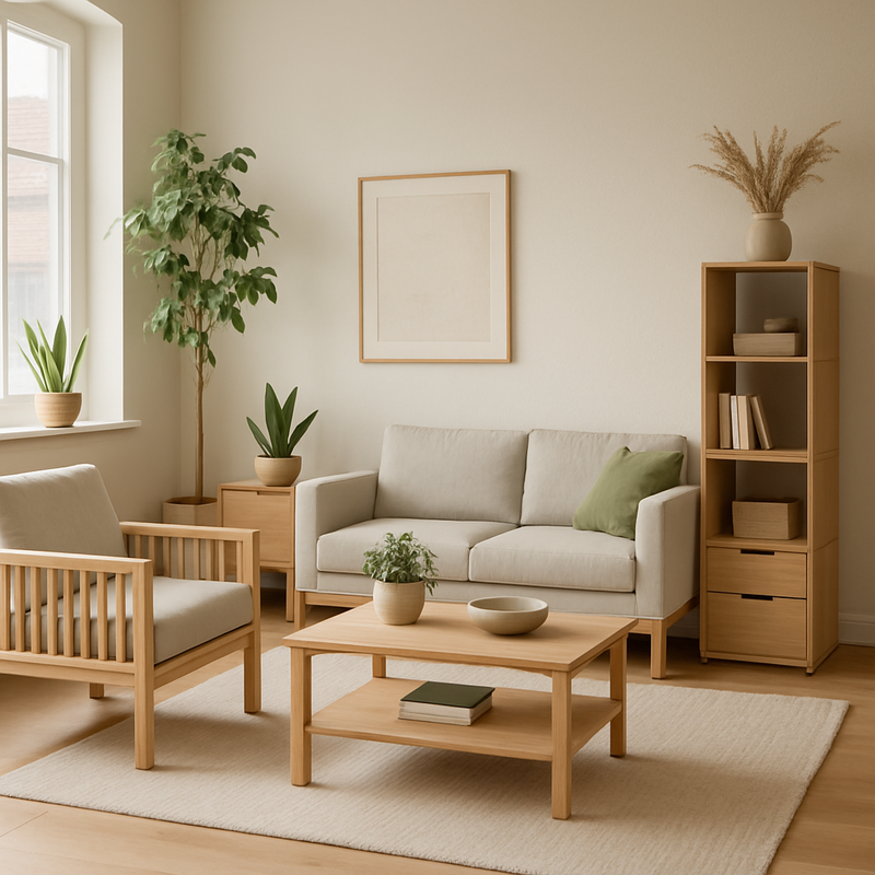 Moderne duurzame houten meubels in lichte Scandinavische woonkamer met planten en modulaire banken