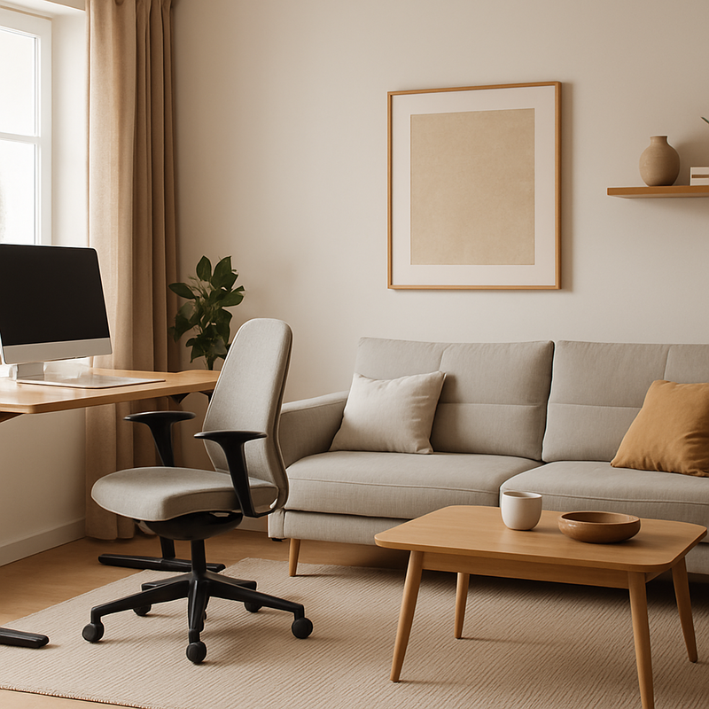 Woonkamer met verstelbare bureau, ergonomische stoel en relaxbank in Scandinavische stijl