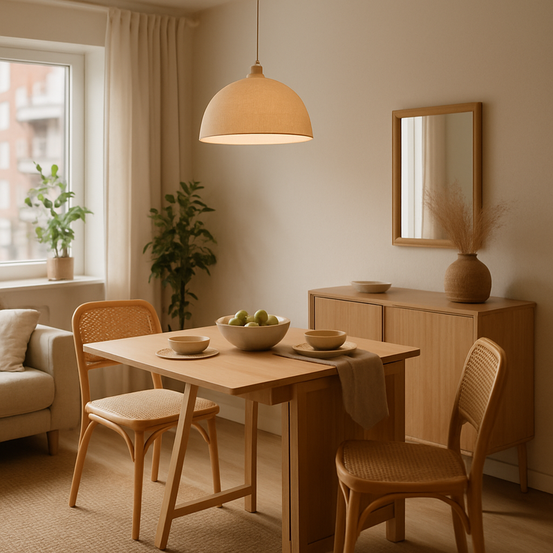 Moderne eetruimte met klaptafel en stoel in Scandinavische stijl met natuurlijke materialen