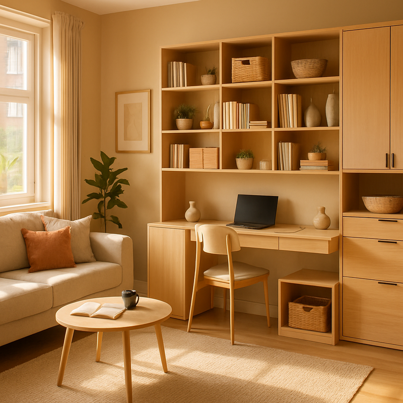 Woonkamer met multifunctionele meubels en slimme opbergruimte, licht en natuurlijke materialen