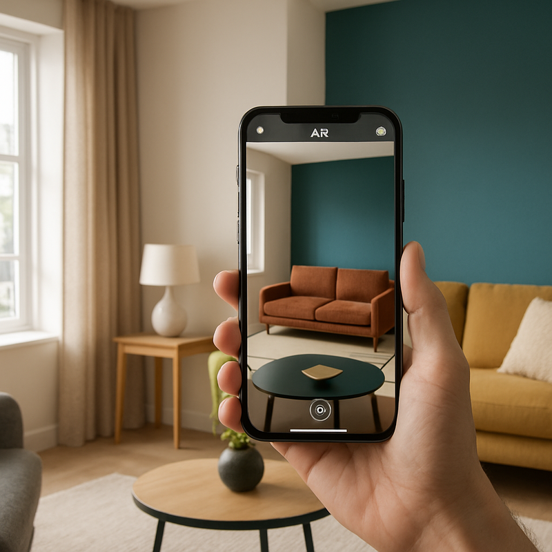 Moderne woonkamer met smartphone die augmented reality gebruikt om meubels en kleuren te bekijken