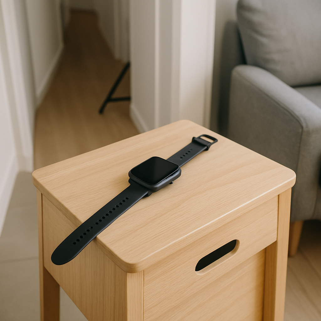 Een slanke smartwatch ligt op een modern, licht houten opbergkrukje in een minimalistisch interieur, symbool voor compacte functionaliteit.