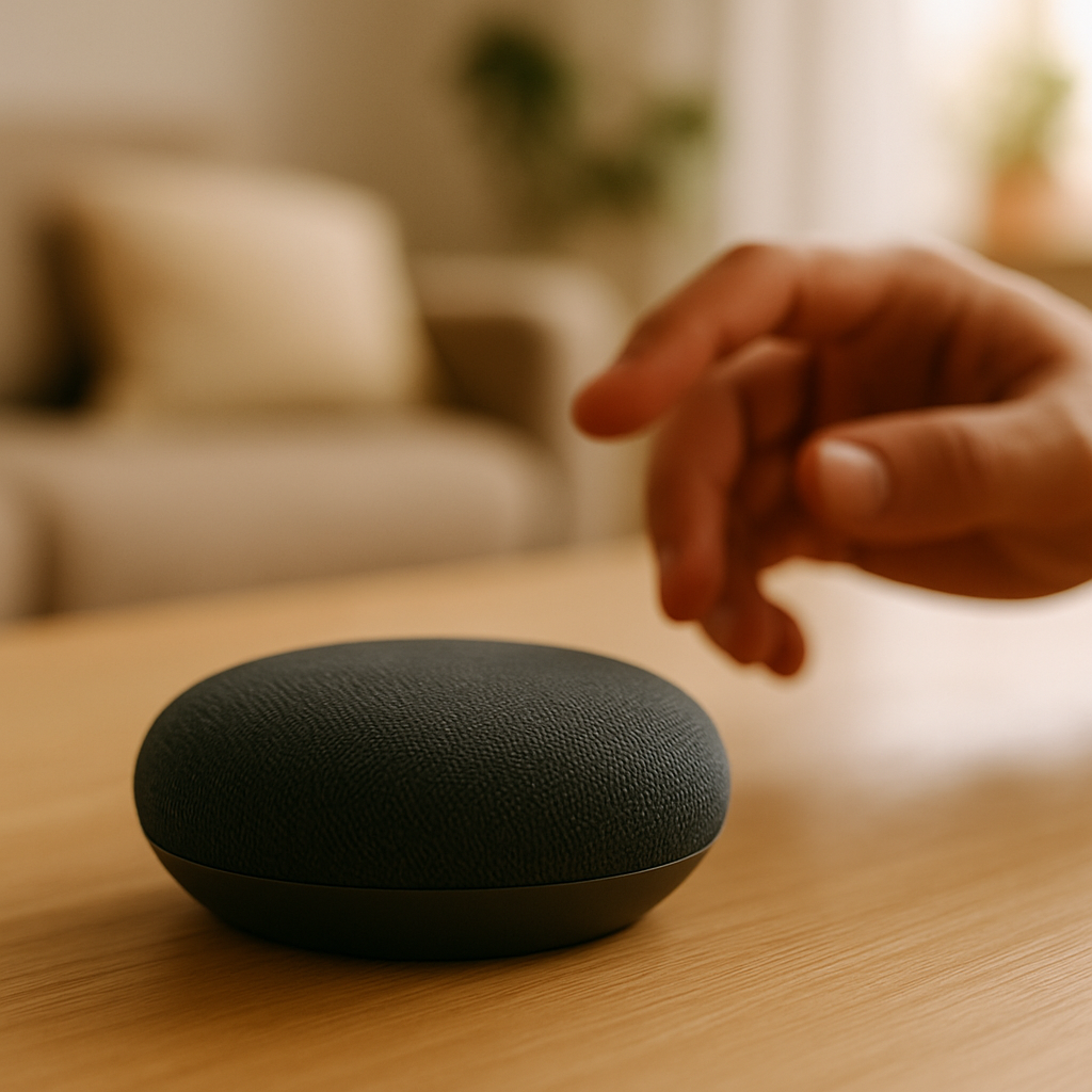 Een close-up fotografie van een kleine, ronde slimme speaker, vergelijkbaar met een Google Nest Mini, geplaatst op een licht houten tafelblad. Een hand reikt ernaar toe, suggererend gemakkelijke installatie en interactie in een huiselijke sfeer.