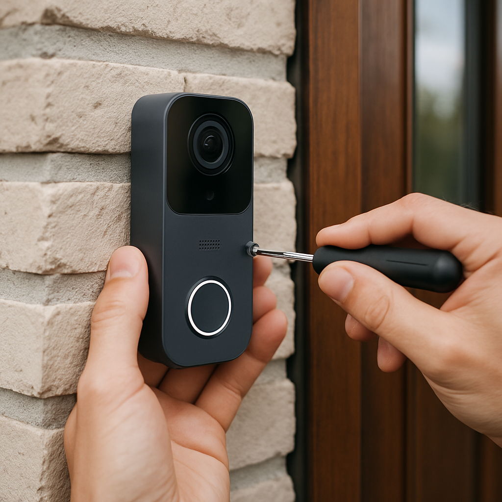 Twee handen die een slimme deurbelcamera op een bakstenen muur monteren met een schroevendraaier, naast een houten voordeur.