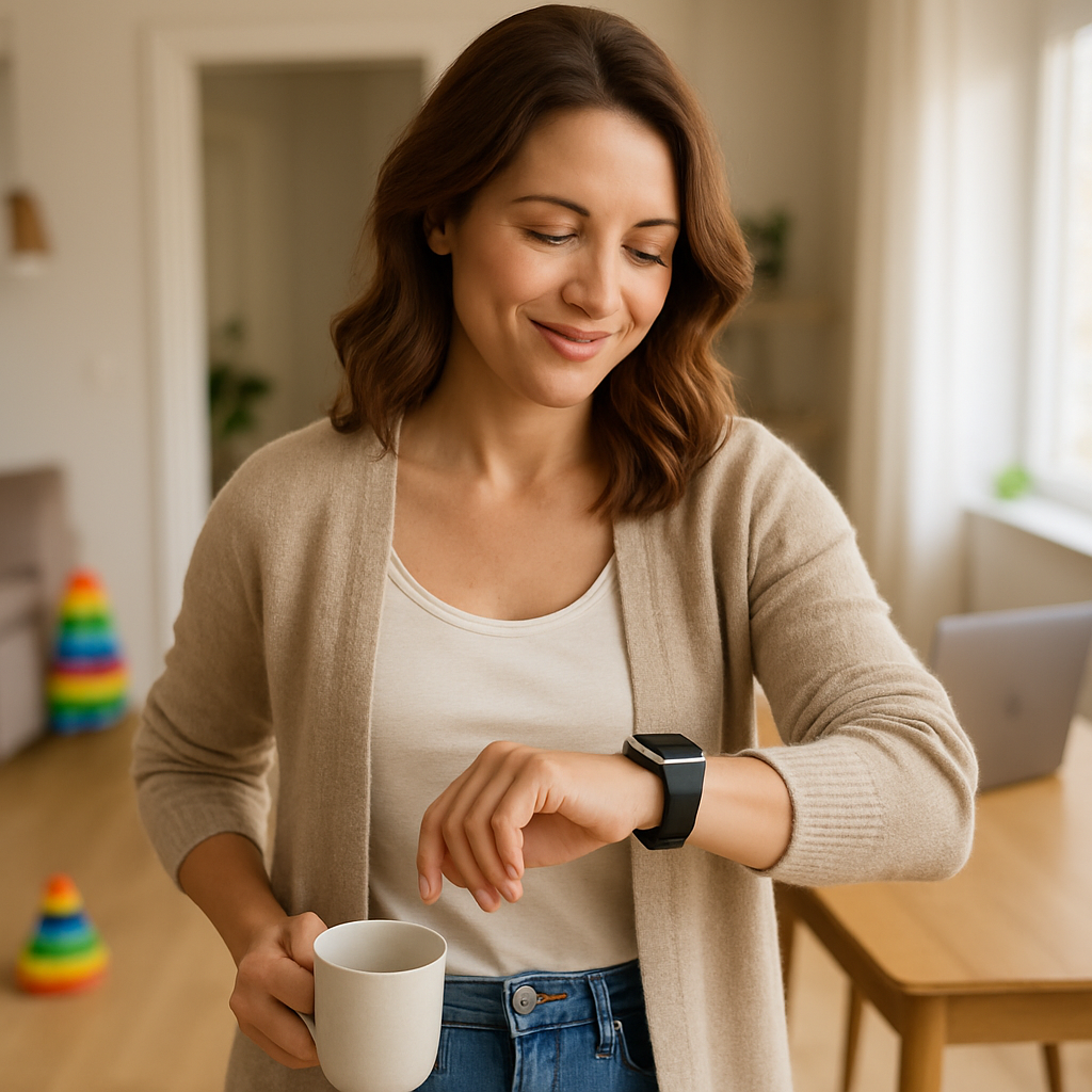 Een vrouw met een Amazfit smartwatch aan haar pols kijkt glimlachend naar beneden in een opgeruimde woonkamer, met subtiele hints van familieleven in de wazige achtergrond.