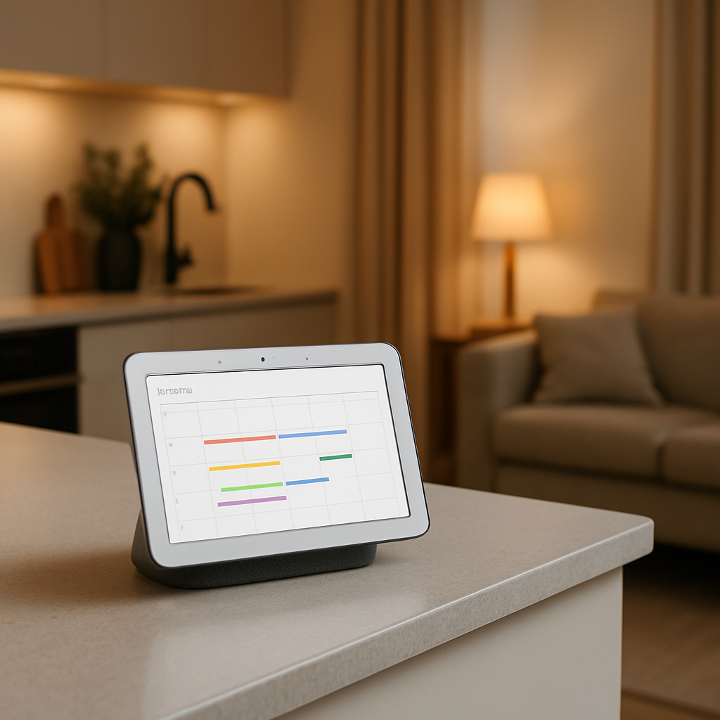 Een Google Nest Hub op een modern keukeneiland toont een digitale gezinskalender. De omgeving is licht en opgeruimd, wat rust en organisatie uitstraalt in een familiewoning.
