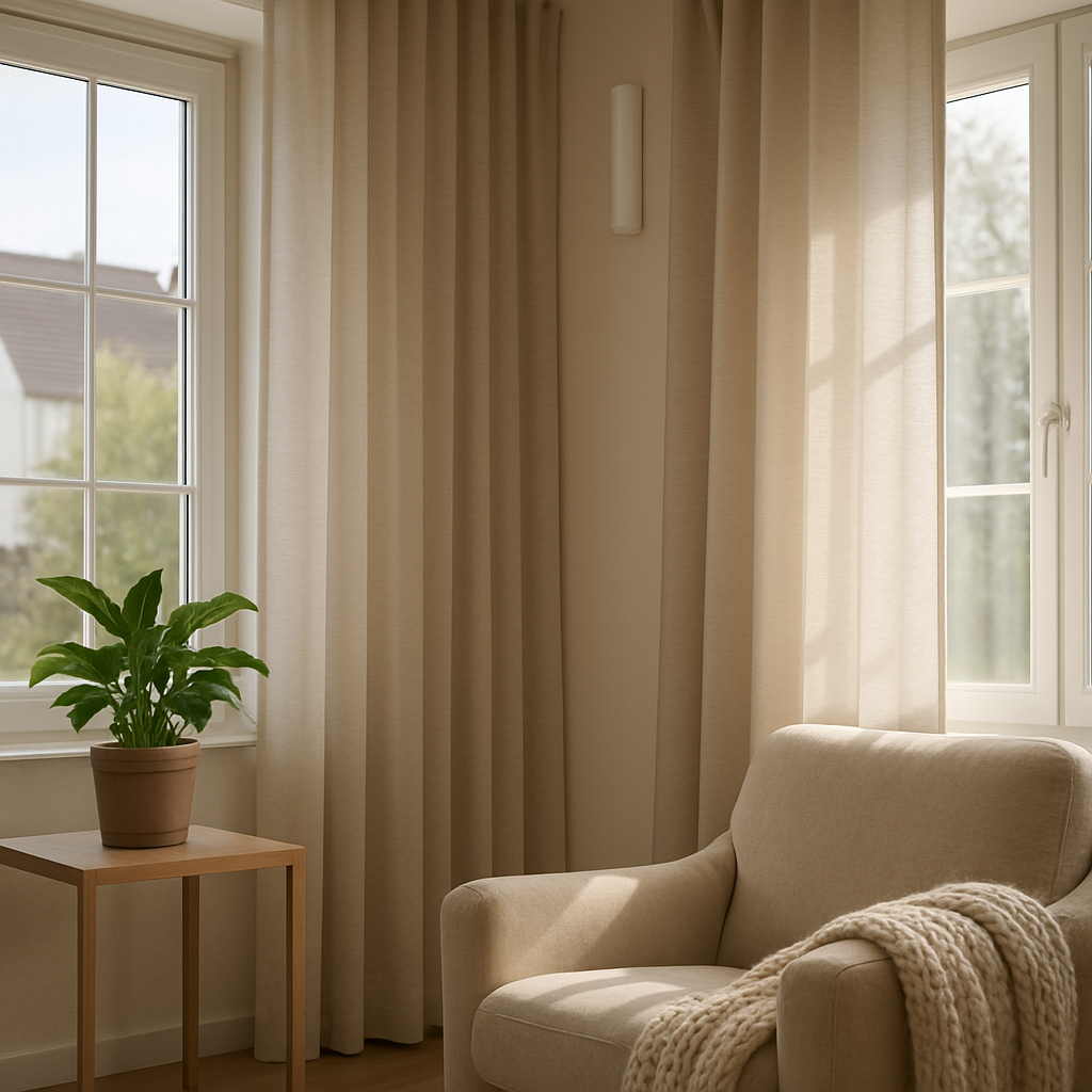 Een rustige, moderne woonkamer in Nederland met lichtgekleurde, deels gesloten slimme gordijnen die zacht zonlicht filteren. Een comfortabele stoel met een deken staat bij het raam, naast een plant op een bijzettafeltje.