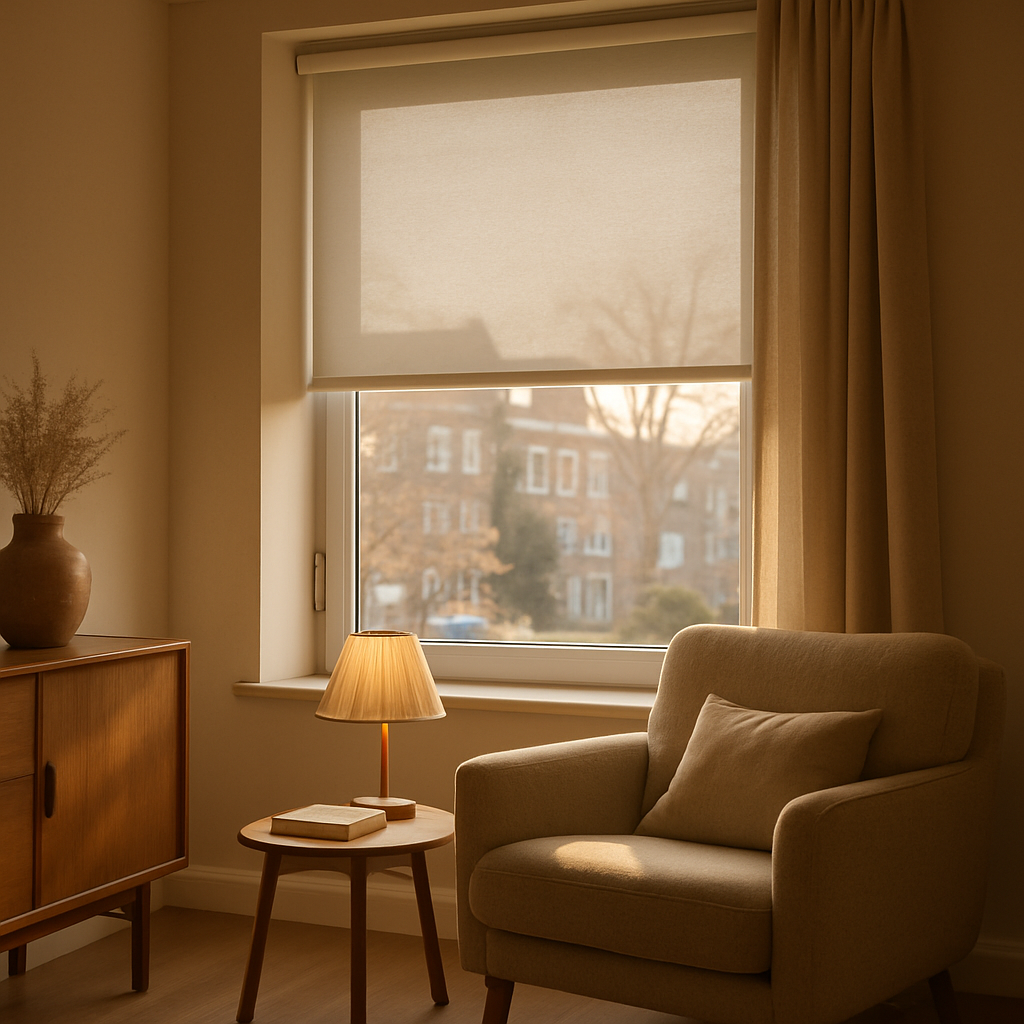 Een gedeeltelijk neergelaten rolgordijn in een zonnige, rustige woonkamer van een modern Nederlands huis, wat slimme flexibiliteit in huis illustreert.