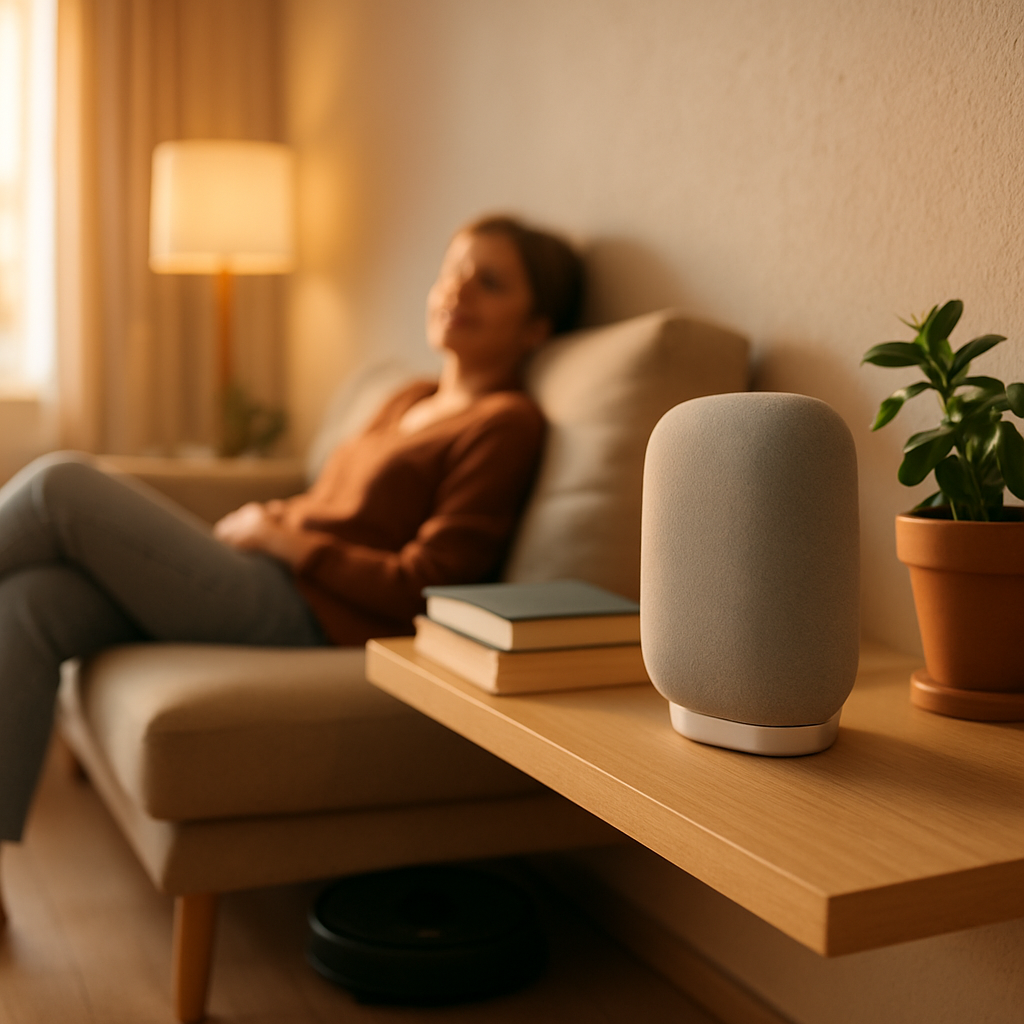 Een compacte, gezellige woonkamer met een persoon die ontspannen op de bank zit. Een robotstofzuiger is deels zichtbaar onder de bank, en een slimme speaker staat op een plank, wat de integratie van technologie in een kleine ruimte benadrukt.