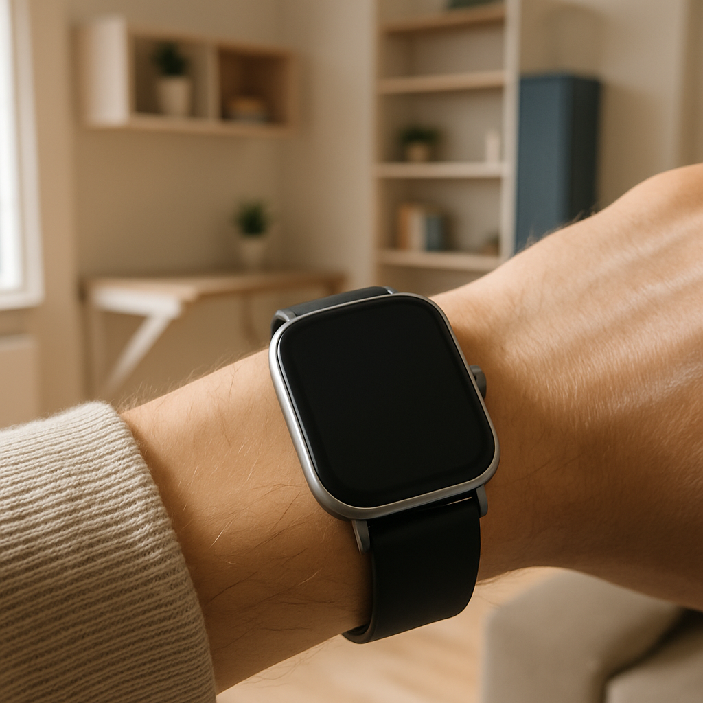 Een close-up van een slank, modern smartwatch om een pols, met een wazige achtergrond van een minimalistische, slim ingerichte Nederlandse woonruimte met multifunctionele meubels.