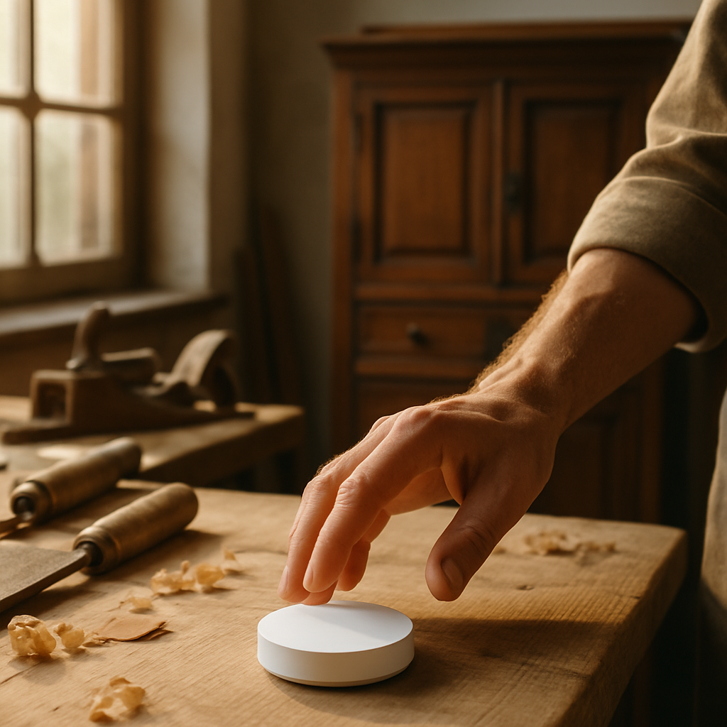 Een warme, lichte werkplaats met een hand die een slimme huissensor aanraakt. Op de achtergrond staat een antieke houten kast.