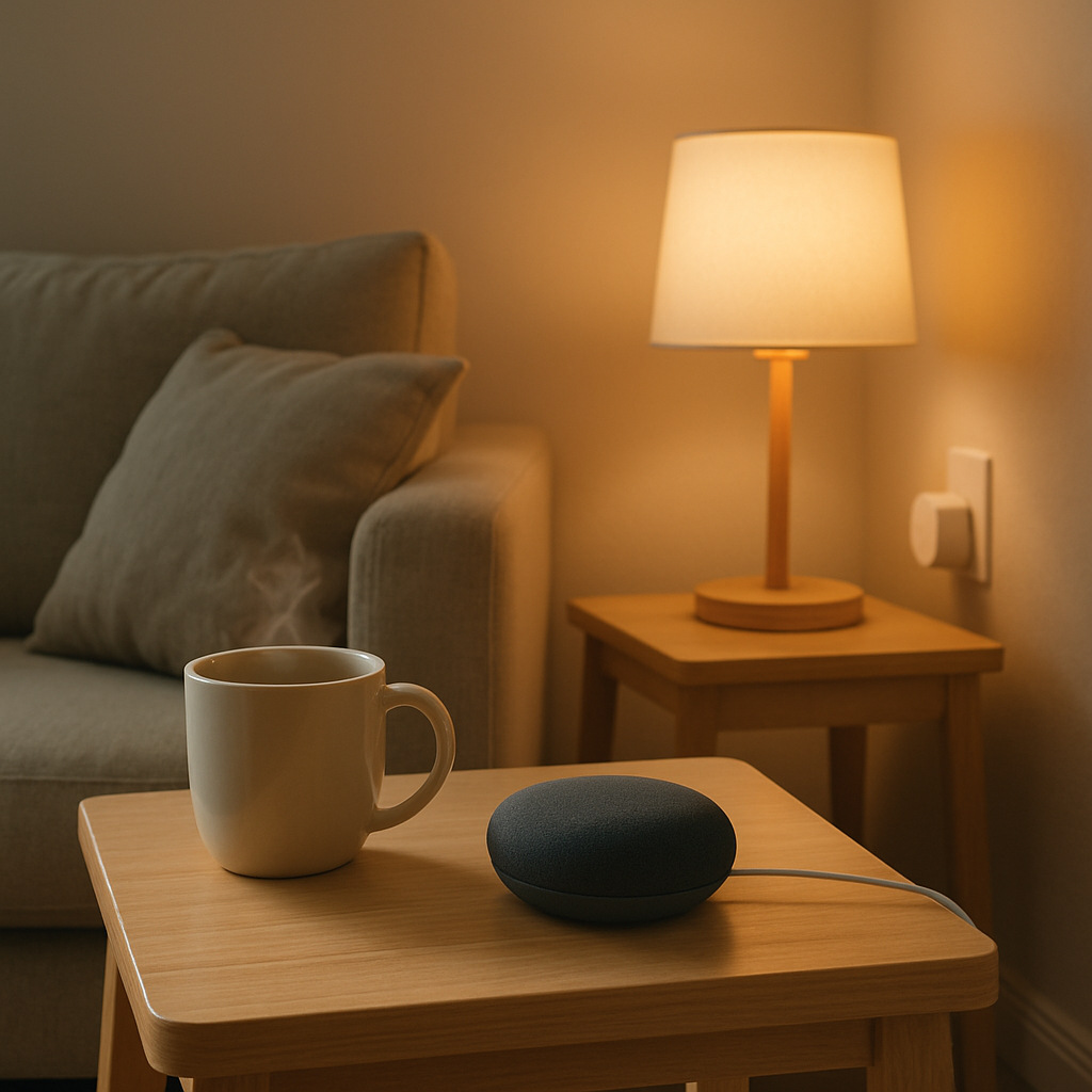 Een Google Nest Mini staat op een houten bijzettafel in een sfeervolle woonkamer. De ochtendzon schijnt zachtjes naar binnen en een slimme lamp zorgt voor extra warm licht.