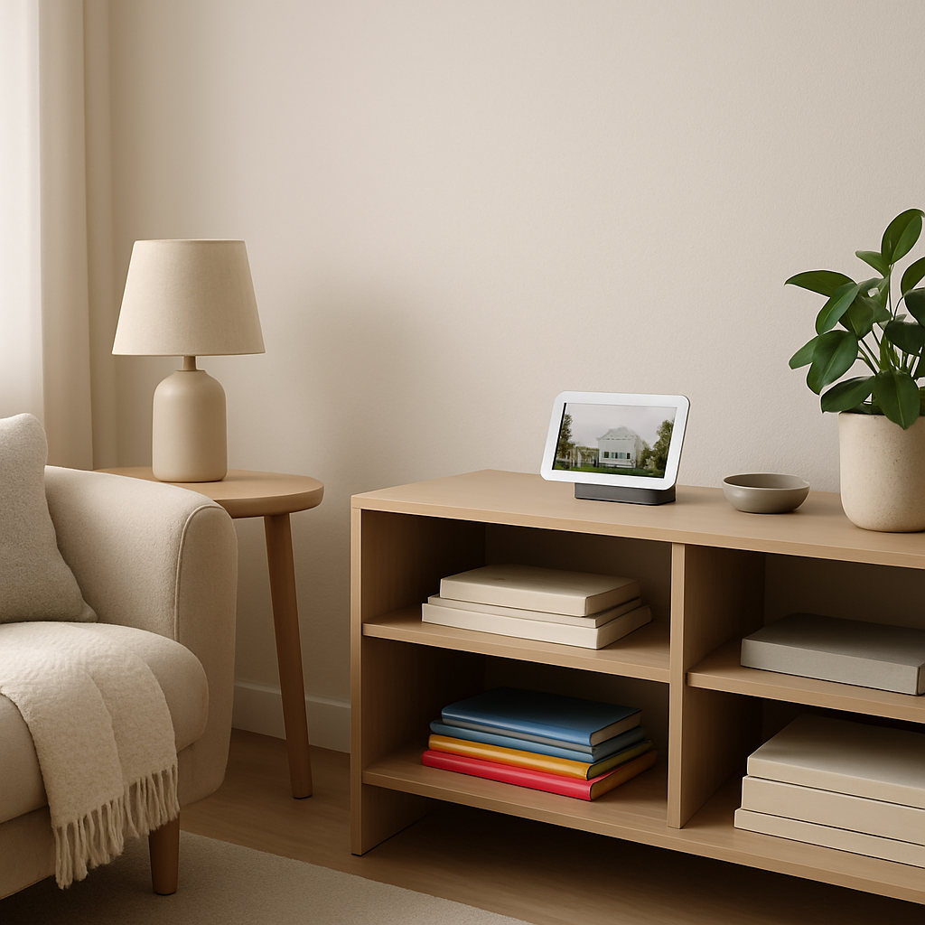 Een rustige, stijlvolle woonkamer met natuurlijke lichtinval. Een Google Nest Hub is discreet geplaatst op een boekenplank, omringd door planten en boeken. De ruimte is opgeruimd en kindvriendelijk, met zachte meubels en minimale, maar smaakvolle, decoratie.