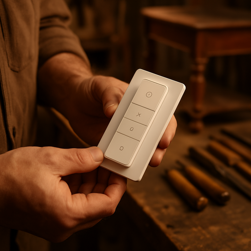 Close-up van de handen van een ambachtsman die een zwarte Hue dimmer switch vasthoudt. Op de achtergrond is een sfeervolle, opgeruimde werkplaats te zien met houten meubels en gereedschap, verlicht met een warme gloed.