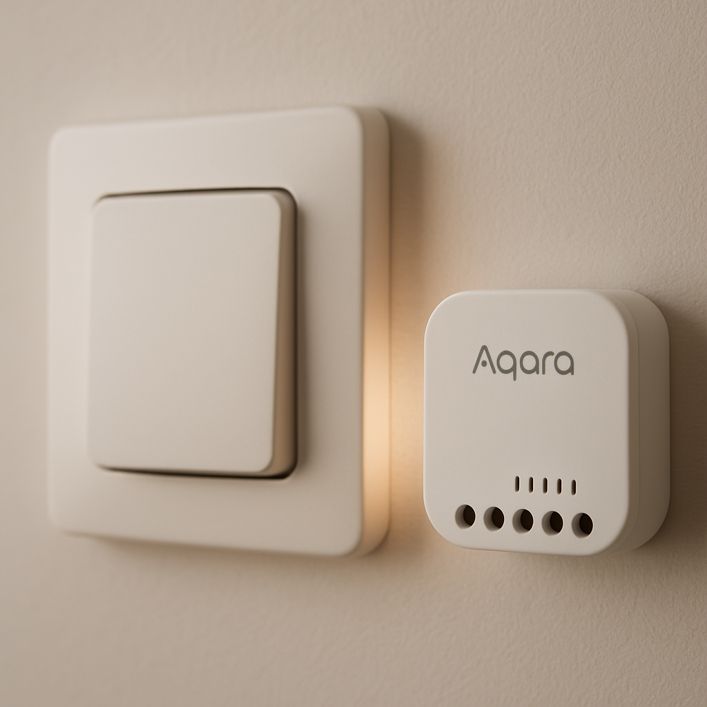 Een klein, wit Aqara relais module, discreet geplaatst naast een standaard, witte lichtschakelaar in een modern interieur, met zacht licht dat van achter de schakelaar komt.