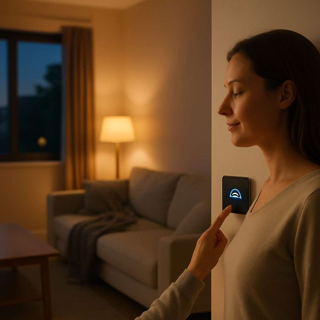 Een moeder bedient een Aqara S1 slim paneel aan de muur in een modern verlichte woonkamer, met op de achtergrond een rustige, opgeruimde familiesetting.