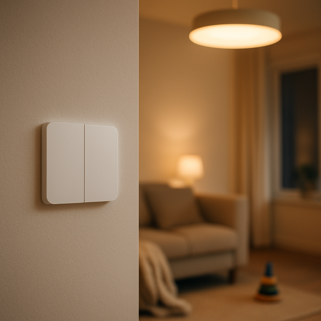 Een strakke, witte Aqara slimme schakelaar op een lichte muur in een modern interieur, met een warme gloed van verlichting die een comfortabele en gecontroleerde sfeer suggereert.