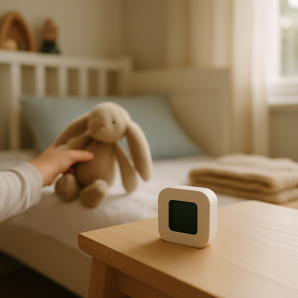 Een Aqara TVOC sensor staat discreet op een houten plank in een opgeruimde, zonnige kinderkamer, met zacht licht dat door het raam valt. De omgeving straalt rust en netheid uit.