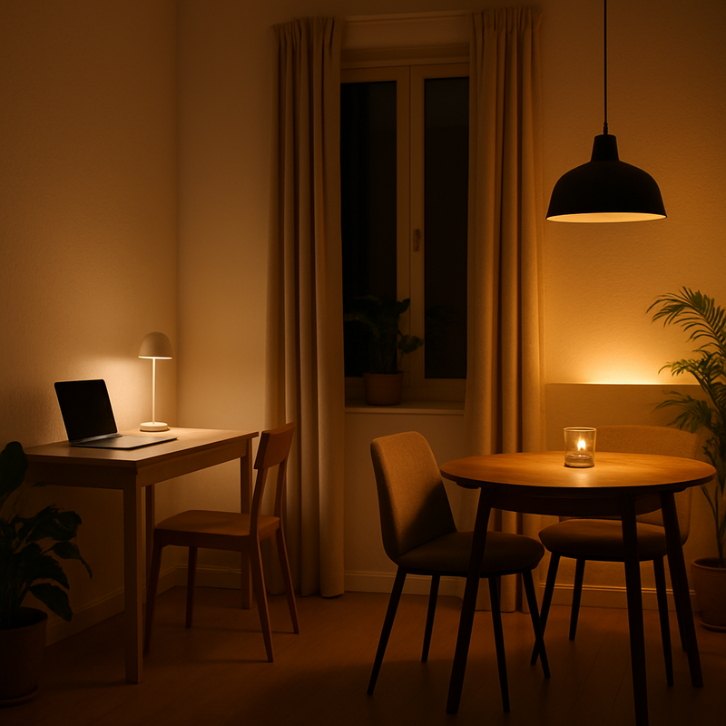 Een fotografie van een kleine, modern ingerichte Nederlandse woonruimte met een werkplek en eethoek, waarbij verschillend gekleurd licht subtiel twee aparte zones creëert.