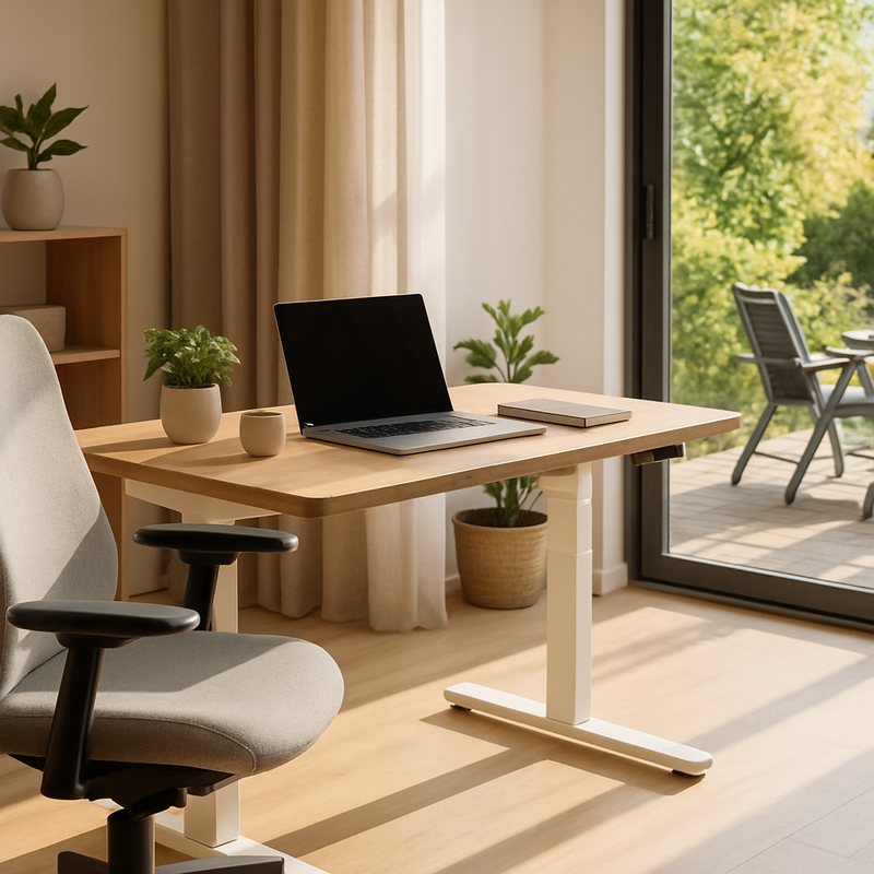 Elektrisch verstelbaar bureau en verstelbare tuinstoelen in een Scandinavisch geïnspireerde woonruimte