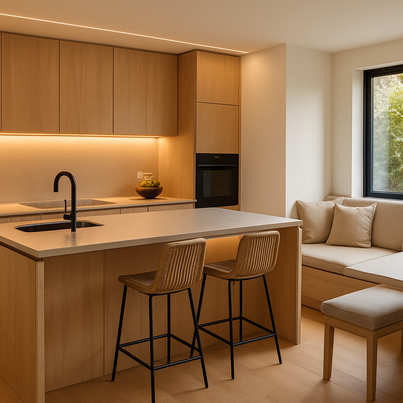 Moderne warme minimalistische leefkeuken met multifunctioneel kookeiland en eetbank