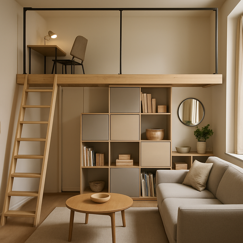 Modern ingerichte multifunctionele woonkamer met slaapbank en mezzanine werkplek