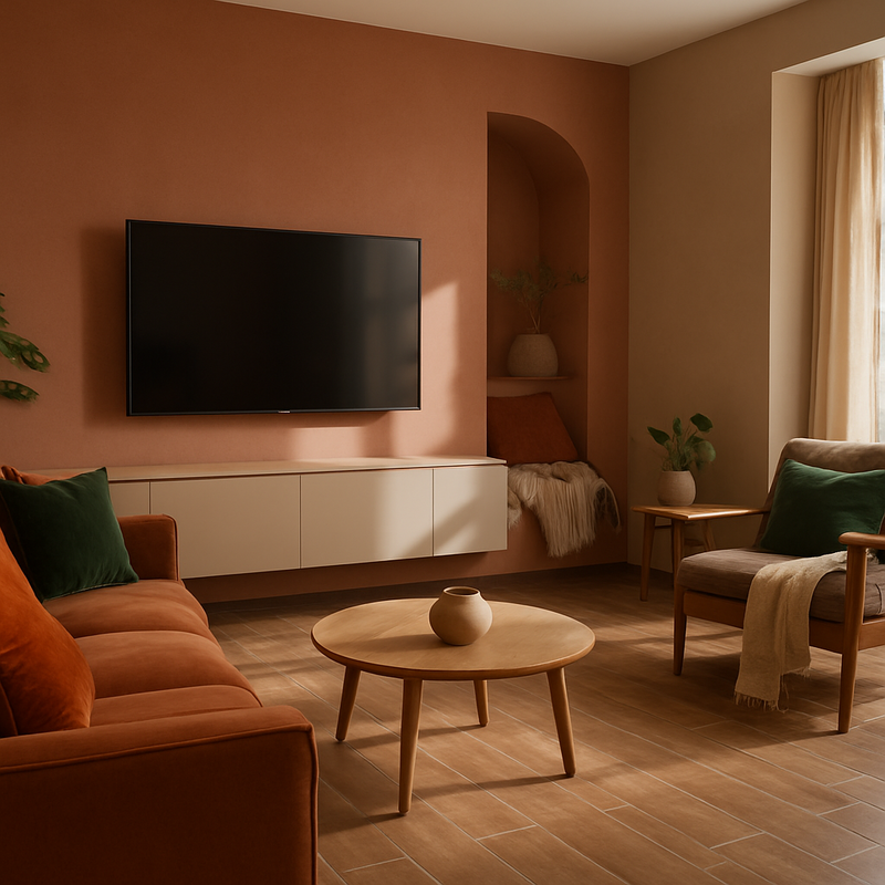 Gezellige woonkamer met warme aardetinten, keramische houtlook tegels, en geïntegreerde tv-meubelwand