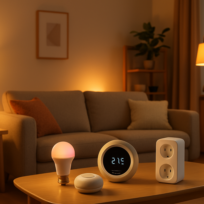 Moderne woonkamer met slimme verlichting en home automation apparaten