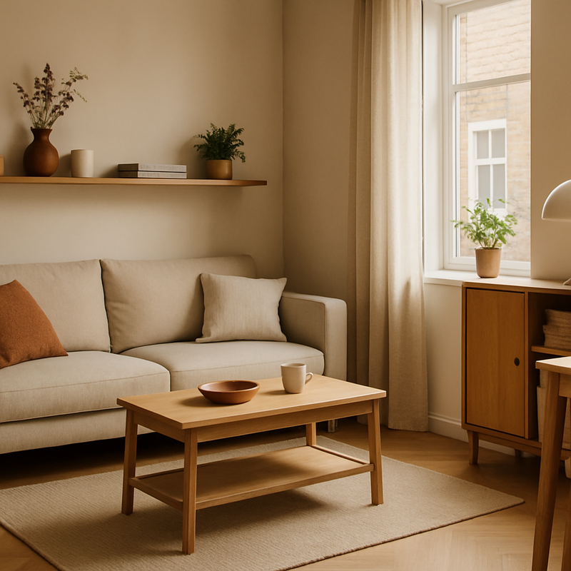 Sfeervolle kleine woonkamer met multifunctionele meubels en warme aardetinten