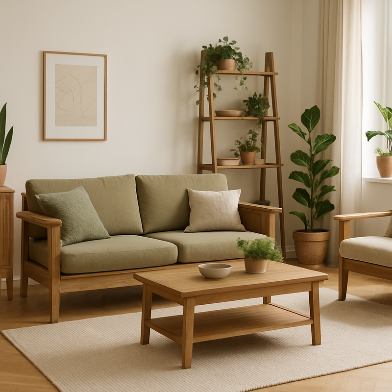 Modern interieur met duurzaam houten meubelen en planten
