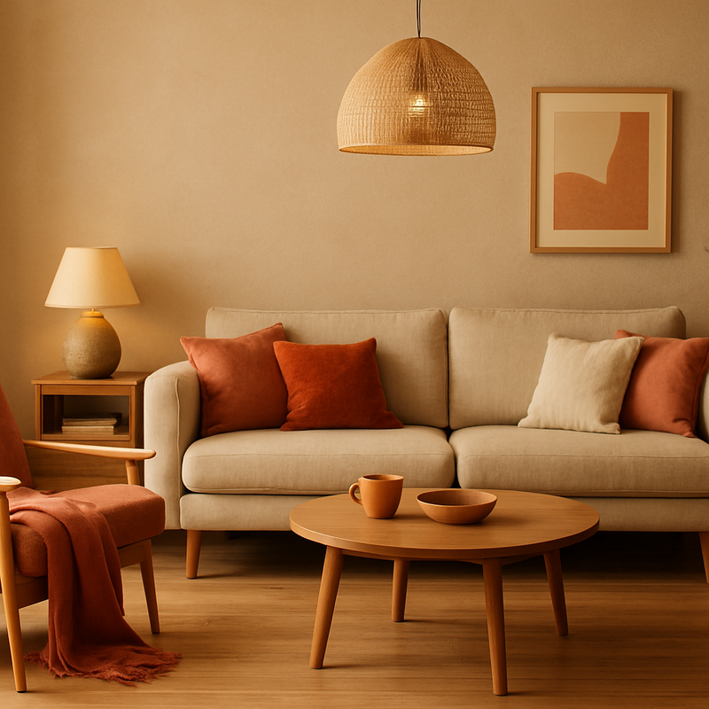 Warme woonkamer met zandkleurige muren, houten vloer, zacht terracotta en zalmroze accenten.