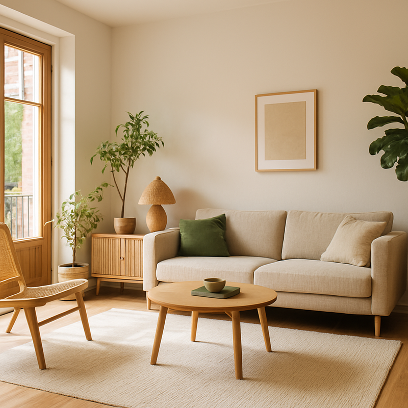 Moderne woonkamer met duurzaam interieur en groene planten