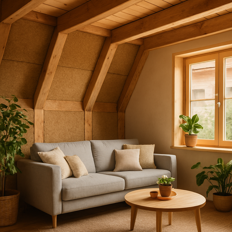 Modern interieur met houten balken en natuurlijke isolatiematerialen in duurzaam huis