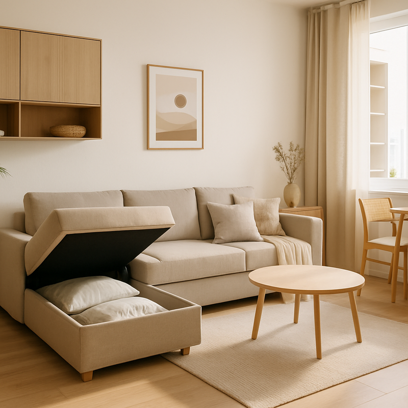 Moderne minimalistische kleine woonkamer met multifunctionele bank en lichte houten vloer