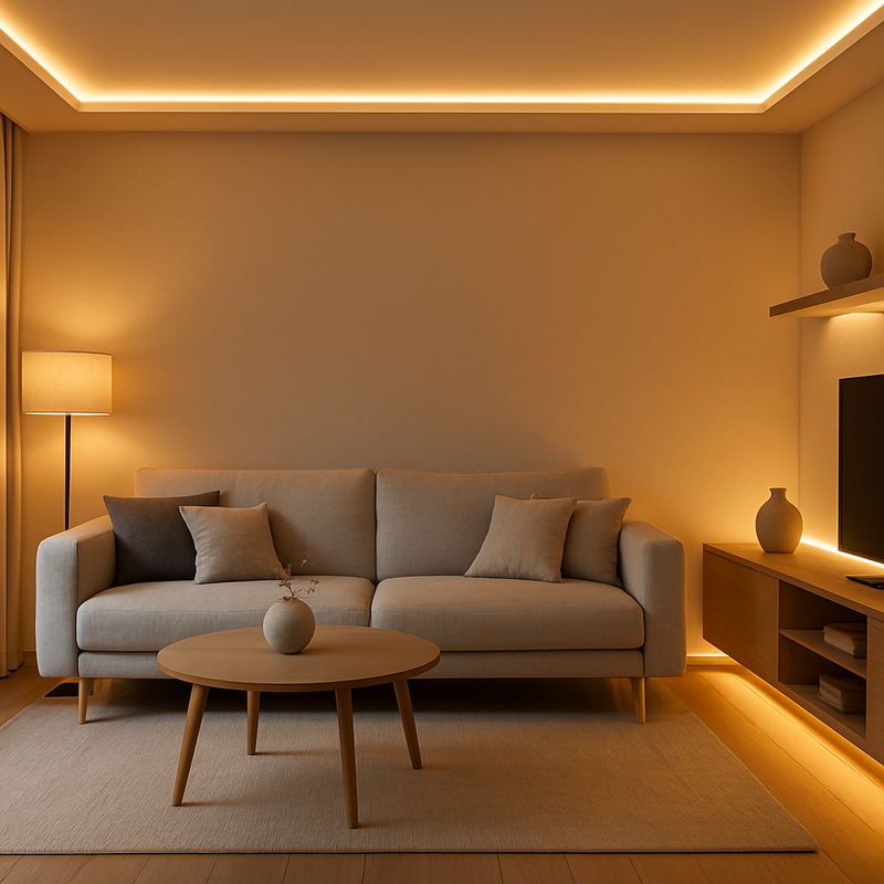 Moderne woonkamer met geïntegreerde LED-verlichting in plafond en meubels, warme tunable white lichtsfeer