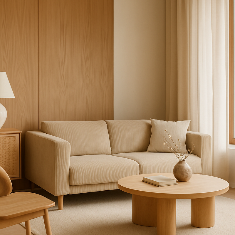 Scandinavisch interieur met warme houttonen, tactiele stoffen en natuurlijke lichtelementen in compacte woonruimte