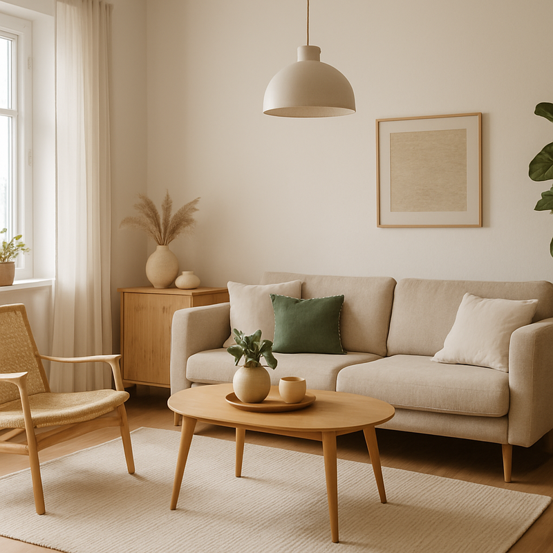 Scandinavische woonkamer met duurzame meubels en modern minimalistisch interieur in natuurlijk licht