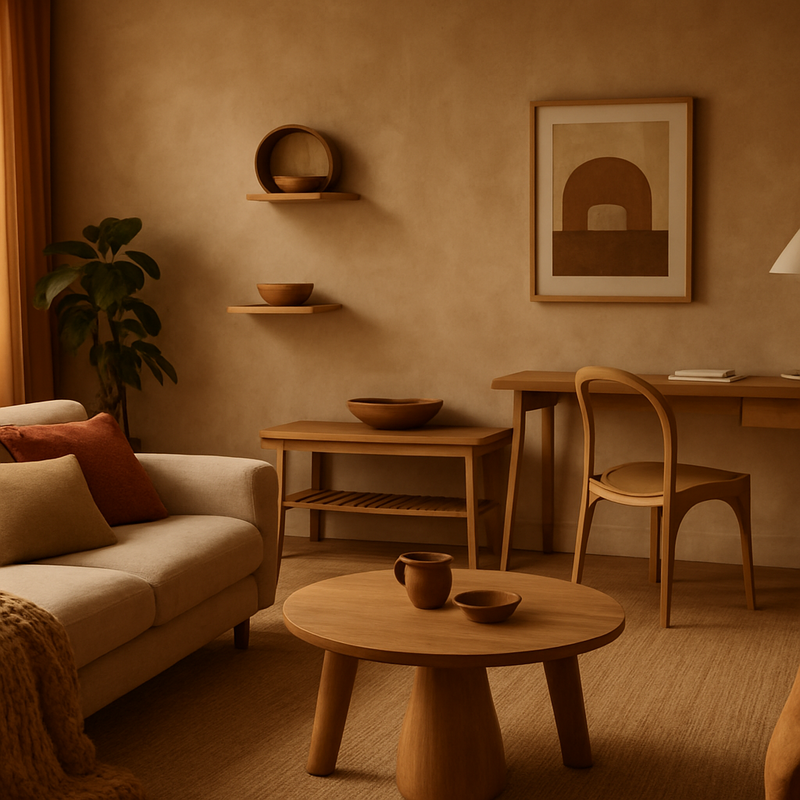 Gezellige woonkamer met natuurlijke materialen en multifunctionele meubels in warme tinten