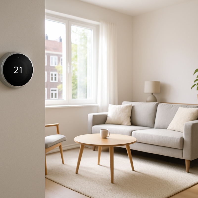 Moderne slimme thermostaat gemonteerd aan de muur in een Scandinavische woonkamer