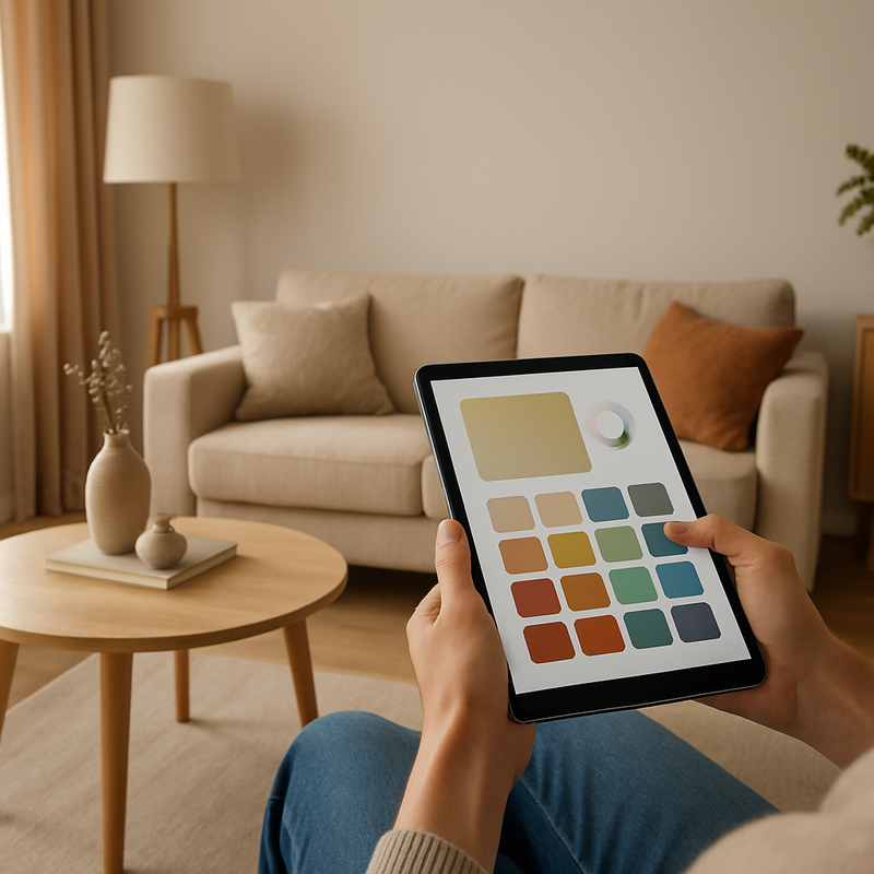 Persoon die een tablet gebruikt om kleuren virtueel te testen in een lichte, modern Scandinavisch ingerichte woonkamer