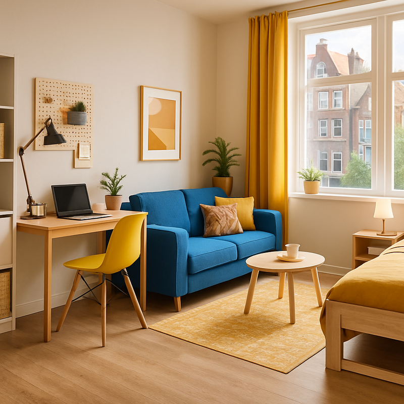 Binnenhuis van een multifunctionele woonruimte met werkplek, zithoek en slaapgedeelte, helder en ruimtelijk ingericht